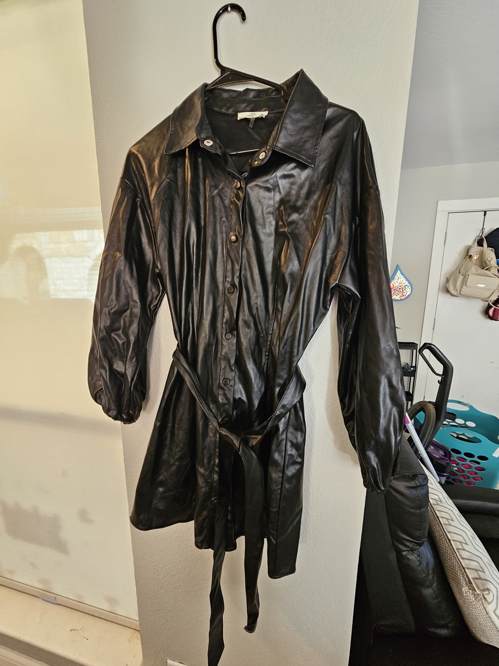 entro Black Faux Leather Belted Trench Coat